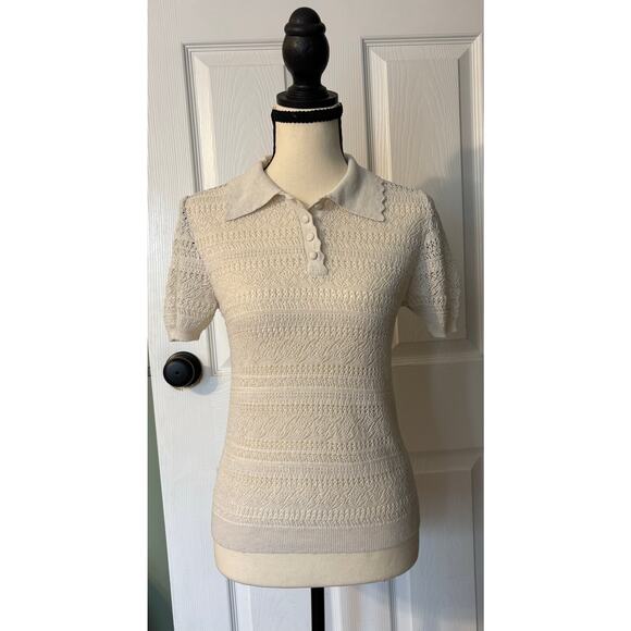 Mango Tops - Mango Knit Lace Linen Short Sleeve Shirt Womens Medium Resort, Vacation, Summer